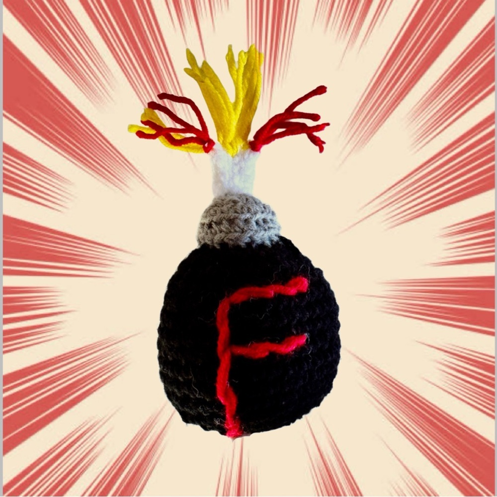 handmade F bomb, crocheted stress relief , 3.5” x 6.5”
